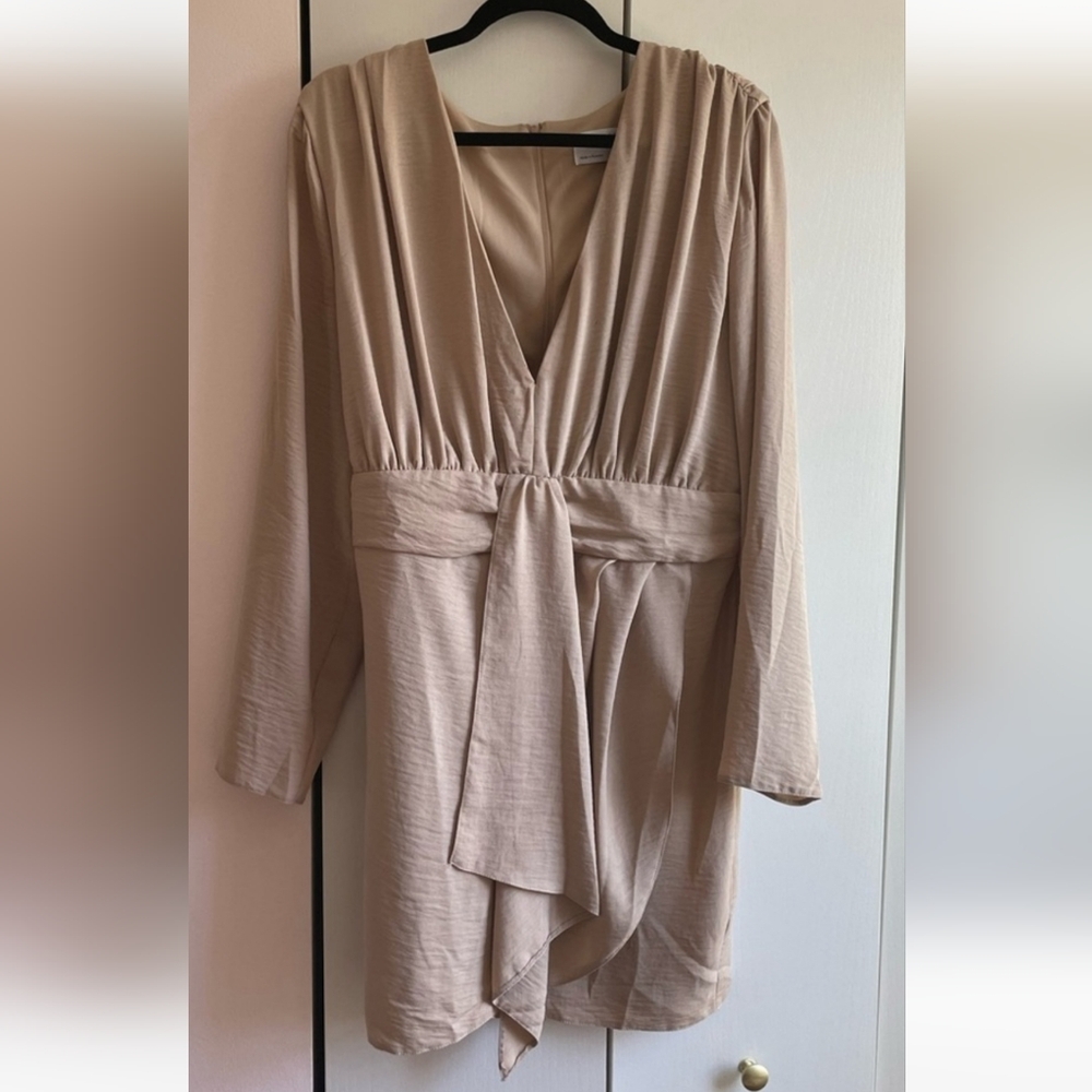 ASOS DESIGN V-Neck Long Sleeve Draped Short Cocktail Dress, 14, Beige